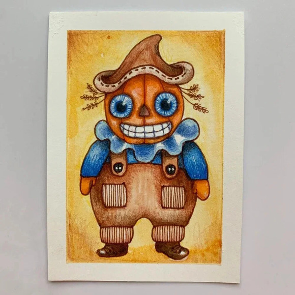 OOAK Vintage Halloween Pumpkin Scarecrow ACEO ATC Original Art Card - Picture 1 of 5